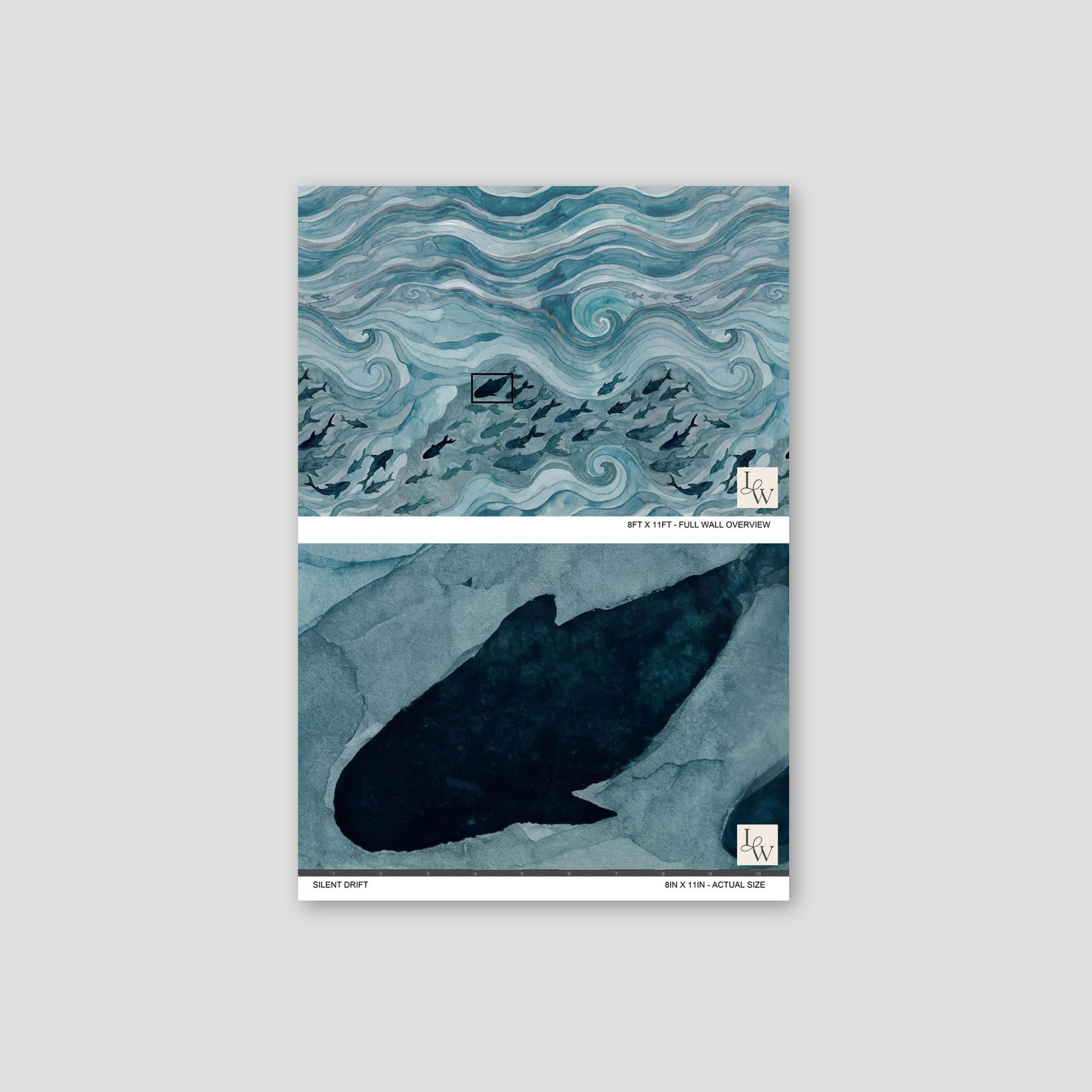 Abstract blue ocean wallpaper with waves and fish pattern in watercolor style.