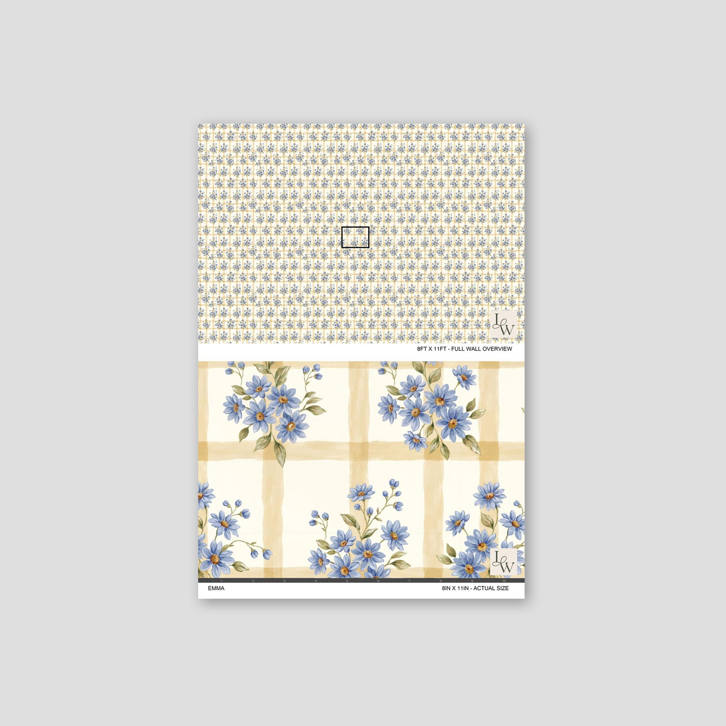 Floral wallpaper with blue blossoms and gold grid pattern sample.