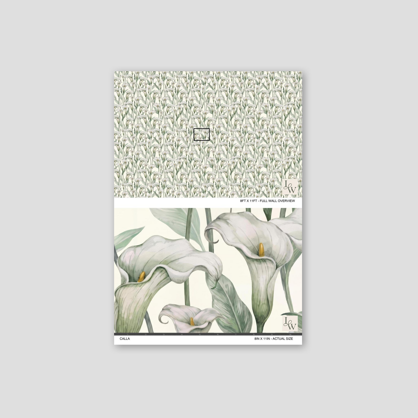 Calla lily floral wallpaper with ivory petals and sage green leaves.