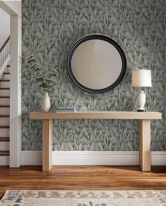 Elegant calla lily wallpaper in a serene hallway with mirror and console table.