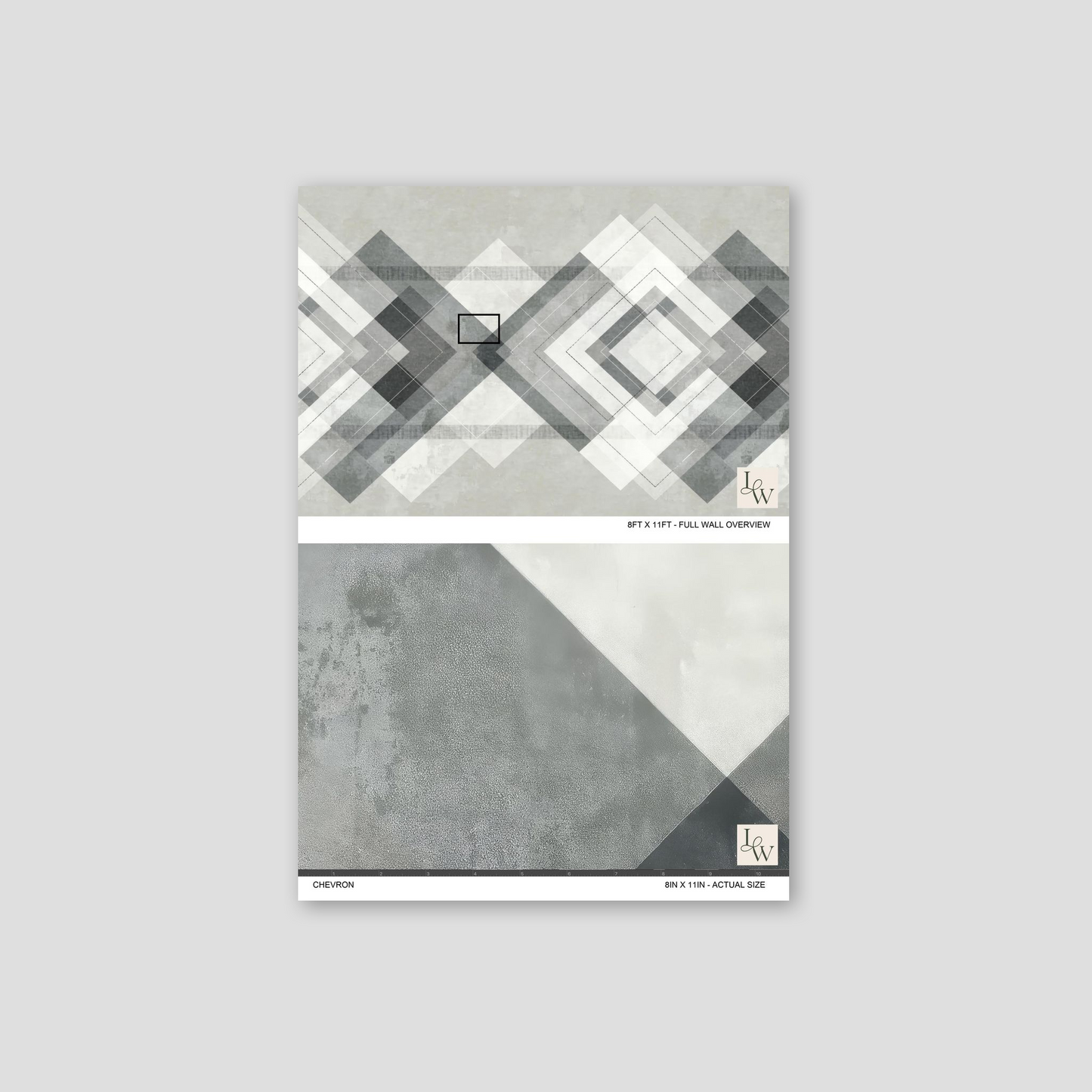 Chevron wallpaper with geometric diamond pattern in grey and white tones.