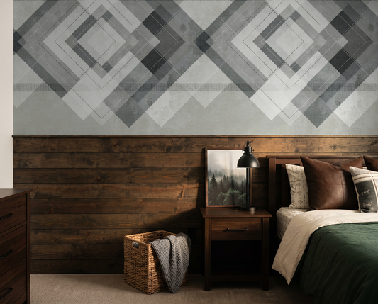 Chevron geometric grey diamond wallpaper in modern bedroom with wood accents.