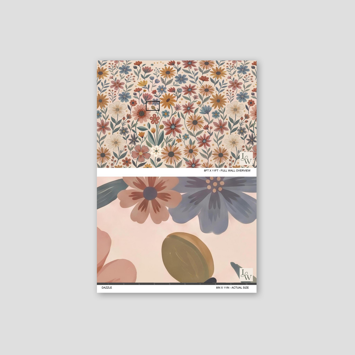 Floral wallpaper with terracotta, mustard, and blue flowers on a cream background.