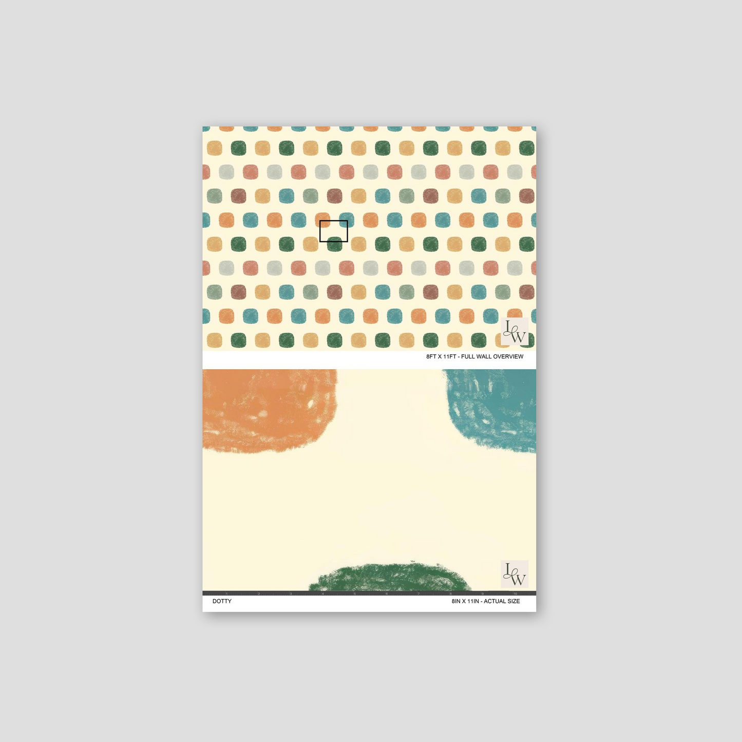 Dotty wallpaper with soft rounded squares in earth tones on cream background