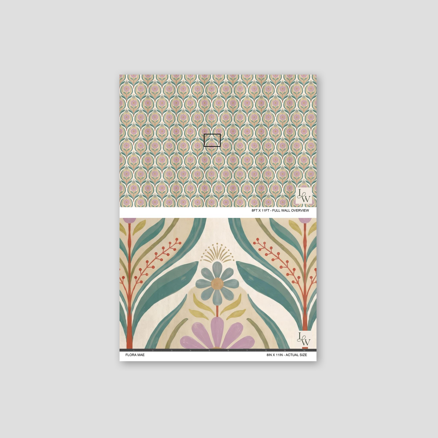 Flora Mae wallpaper with lilac florals and teal leaves in a vintage boho style.