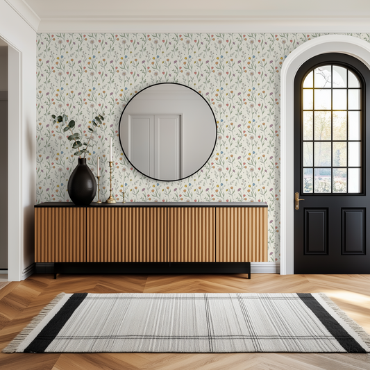 Floral wallpaper with pastel flowers in modern entryway with mirror and console table.