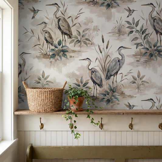Heron Bay wallpaper with herons and foliage in taupe, sage, and dusty blue in rustic room.
