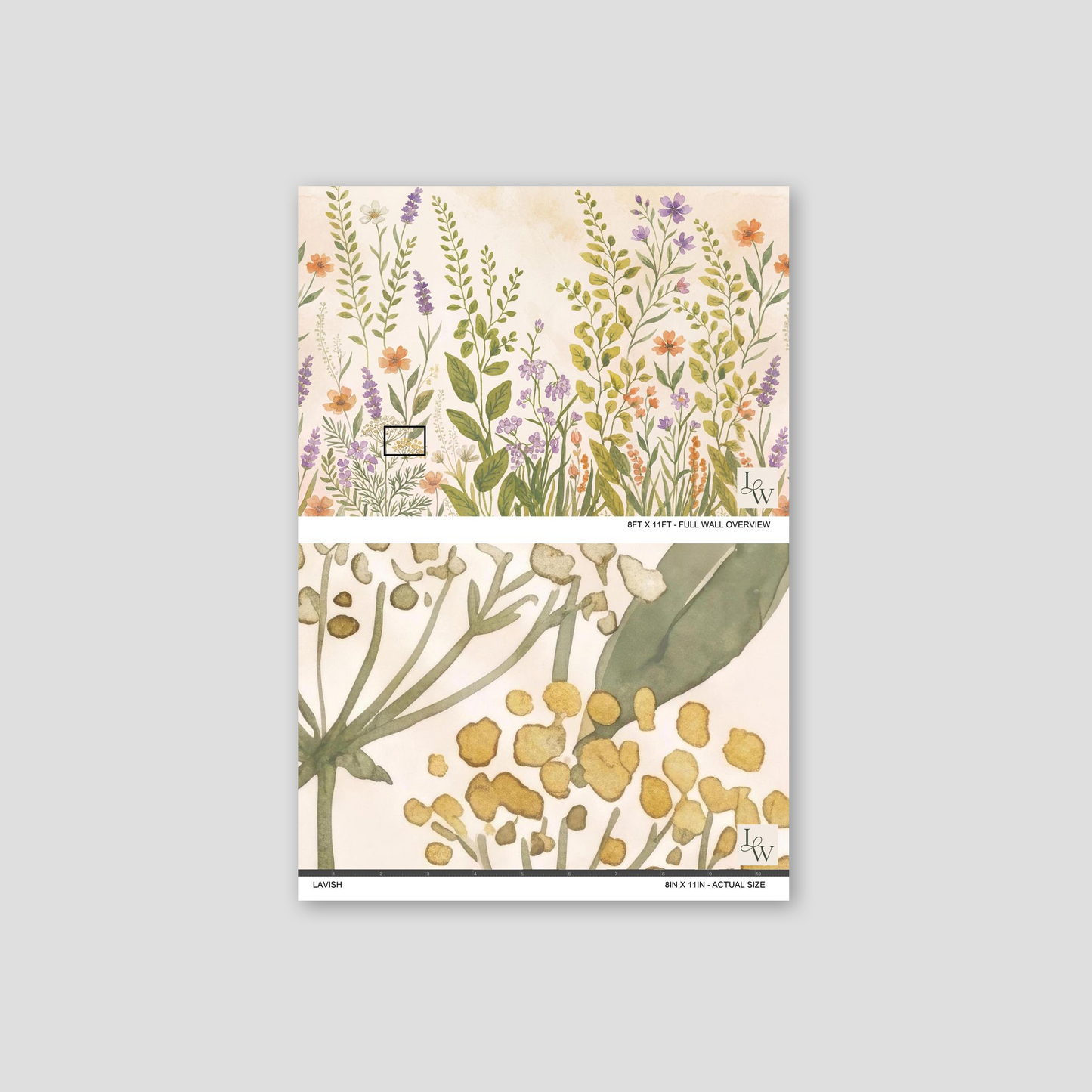 Lavish wallpaper with lavender and wildflowers on cream background.