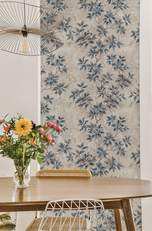 Leafy Daydreams wallpaper with blue floral pattern in dining room setting.