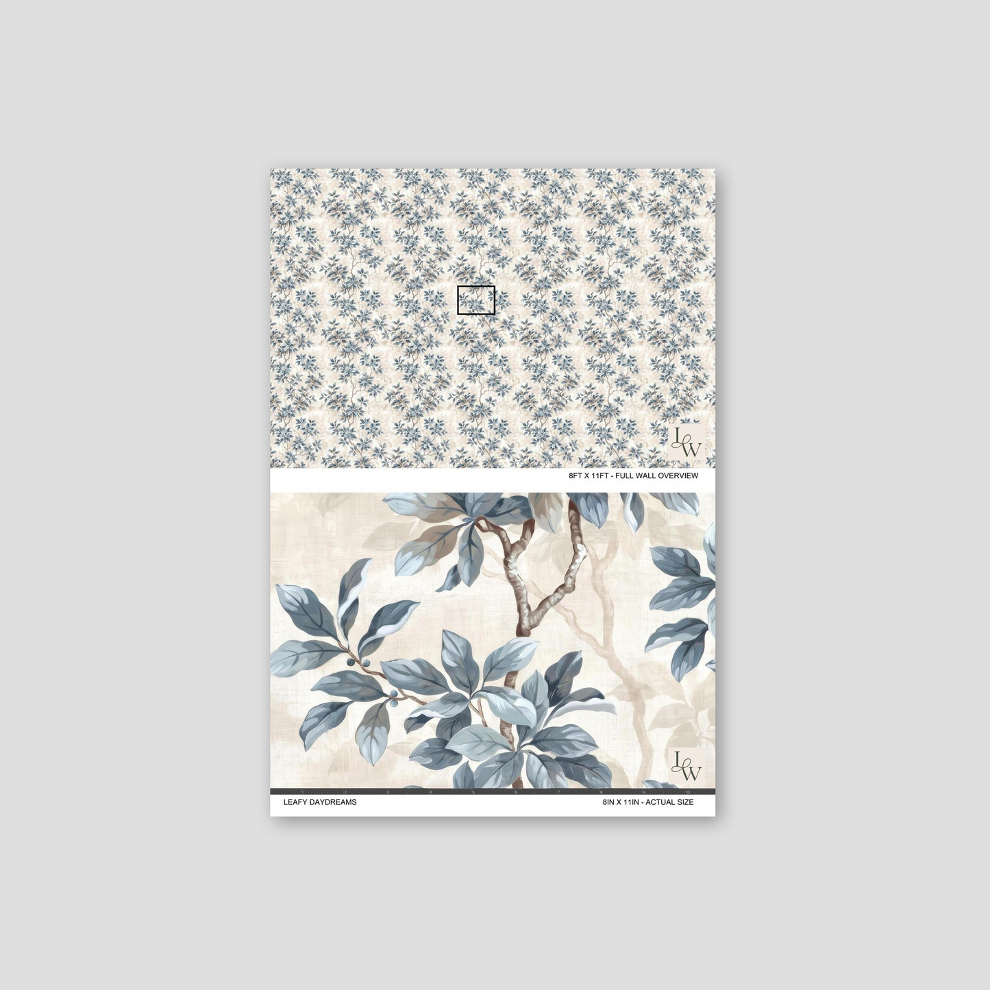 Leafy Daydreams wallpaper with muted blue and grey foliage pattern.