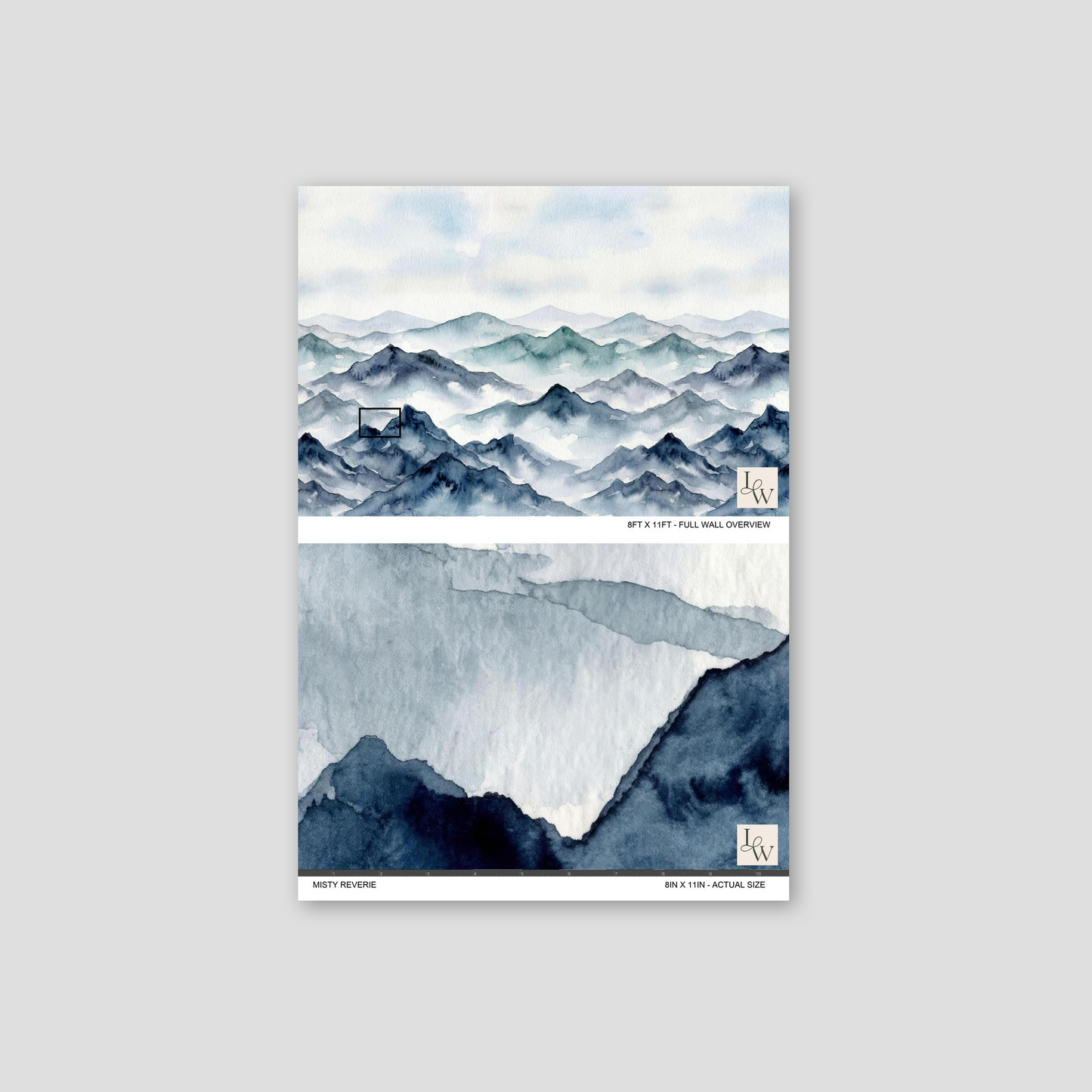 Misty Reverie wallpaper with watercolor mountain landscape in blue and grey tones.