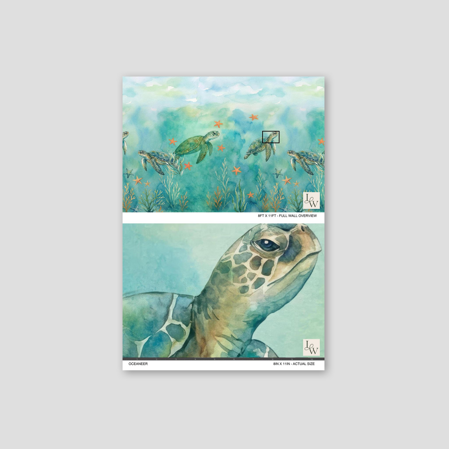 Aquamarine wallpaper with sea turtles, coral, and starfish in watercolor style.