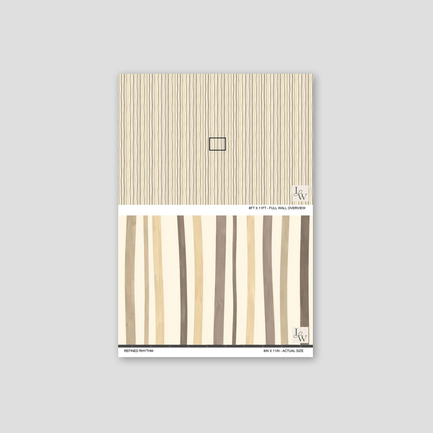Refined Rhythm wallpaper with flowing vertical lines in beige, taupe, and cream.