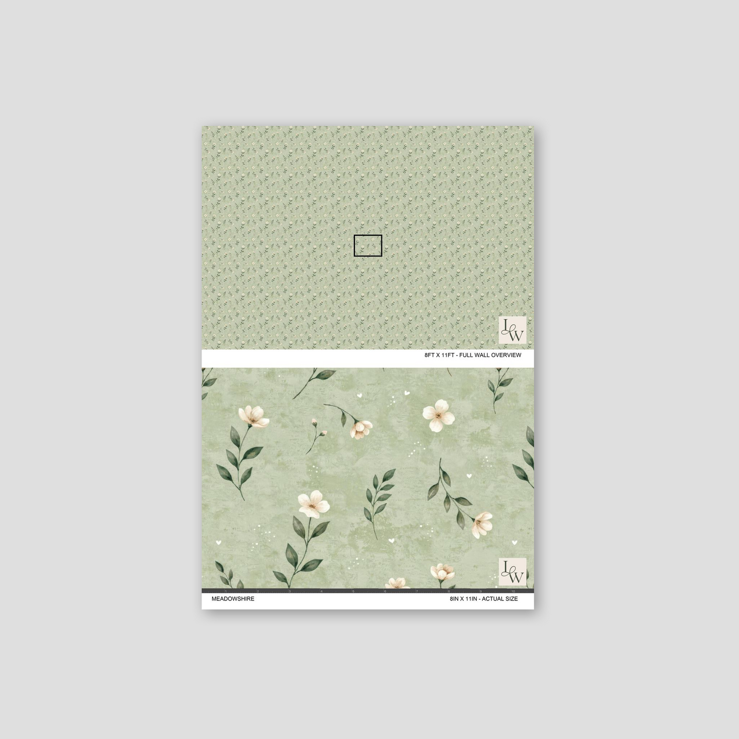 Sage green floral wallpaper with delicate white blossoms and leaves.