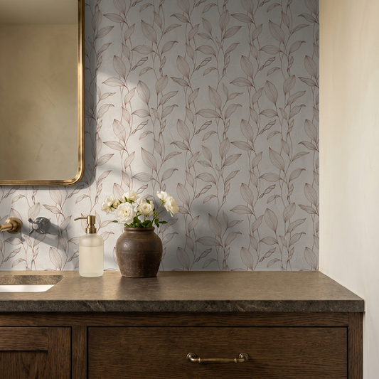 Elegant sepia botanical wallpaper in bathroom with wooden vanity and flowers