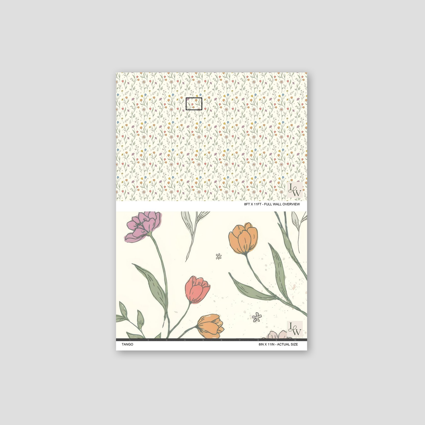 Floral wallpaper with pastel tulips and daisies on a cream background.