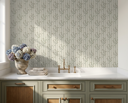 Vintage floral striped wallpaper in elegant kitchen setting with hydrangea vase.