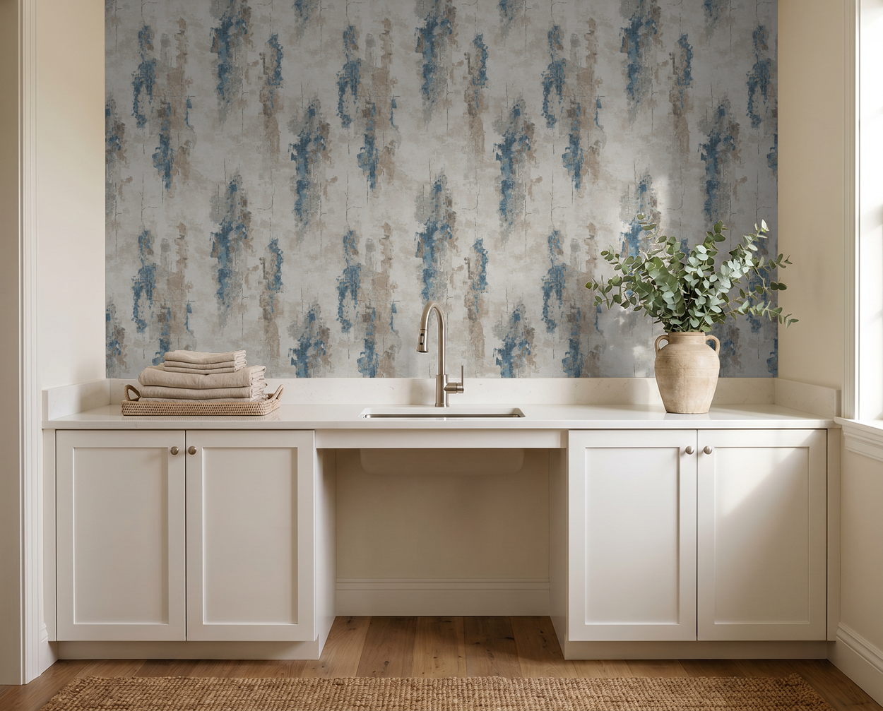 Abstract blue and taupe brushstroke wallpaper in modern laundry room with white cabinets.