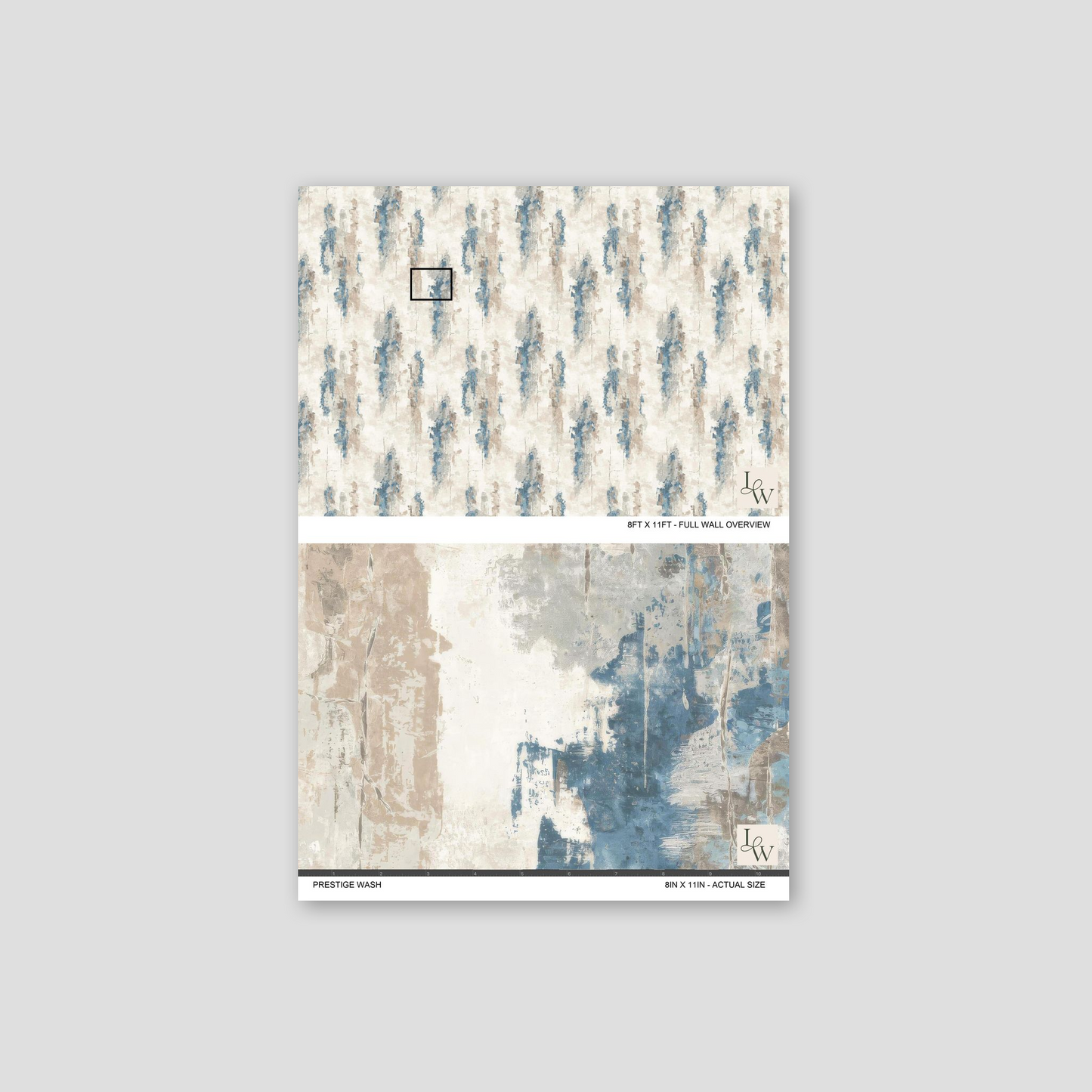 Abstract blue and taupe brushstroke wallpaper sample on cream background.
