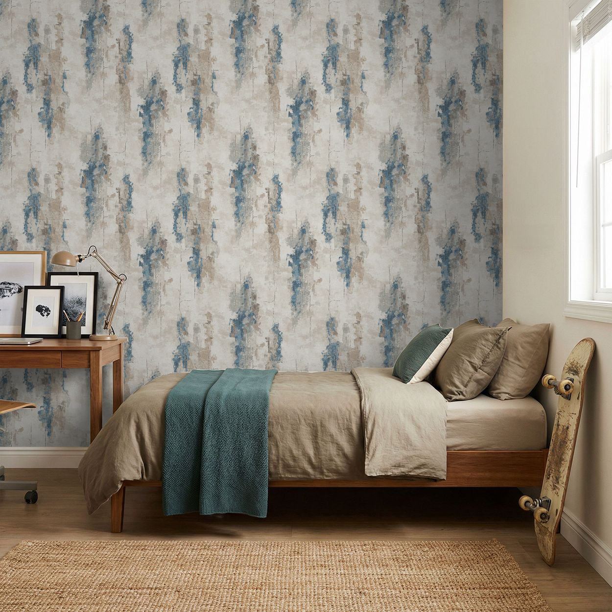 Abstract blue and taupe brushstroke wallpaper in modern bedroom with wooden furniture.