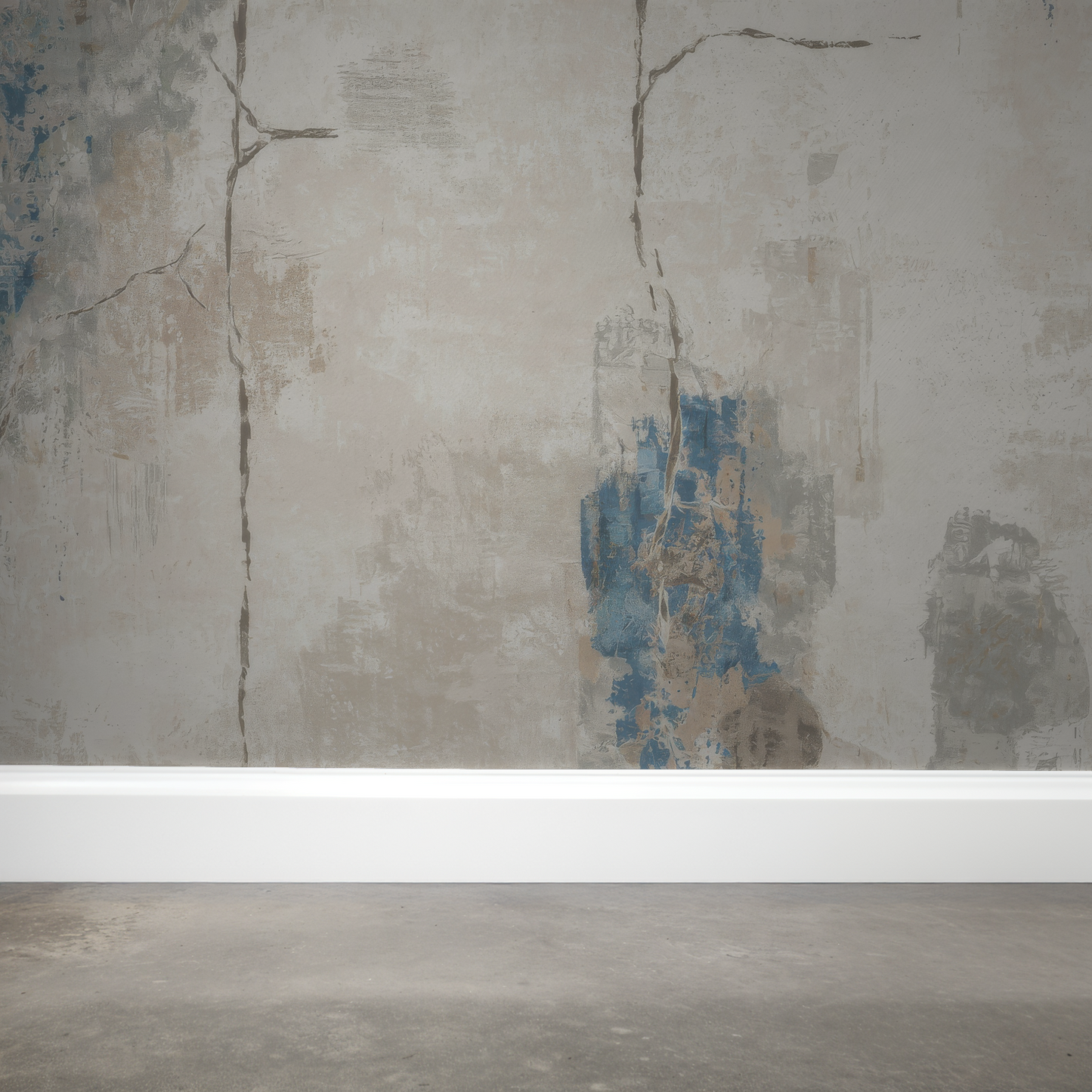 Abstract wallpaper with blue and taupe brushstrokes on cream backdrop in modern room.