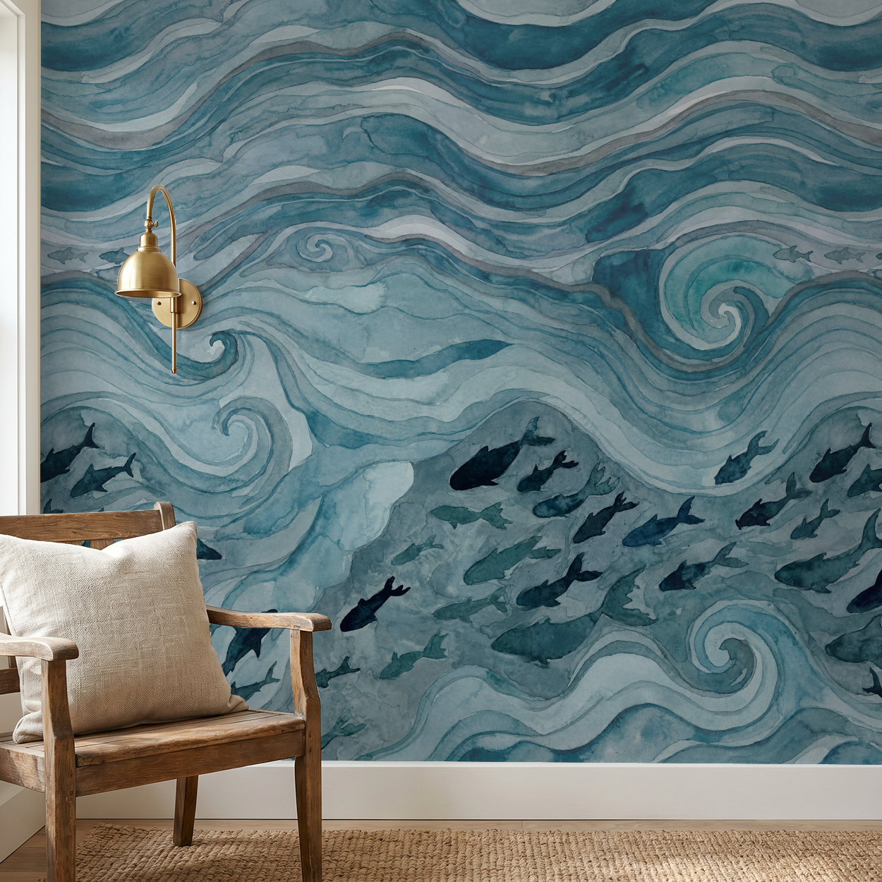 Abstract blue wave and fish wallpaper in cozy living room with wooden chair.