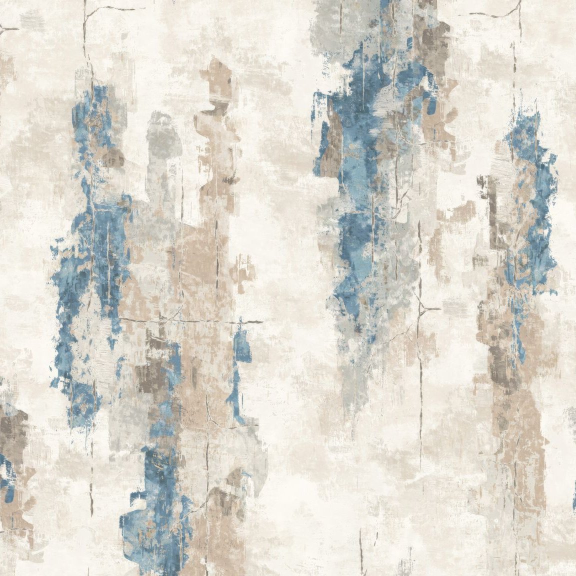 Abstract brushstroke wallpaper with blue and taupe on cream backdrop