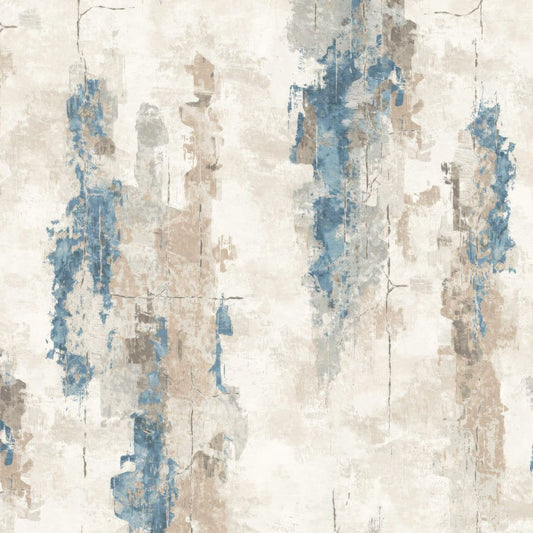 Abstract brushstroke wallpaper with blue and taupe on cream backdrop