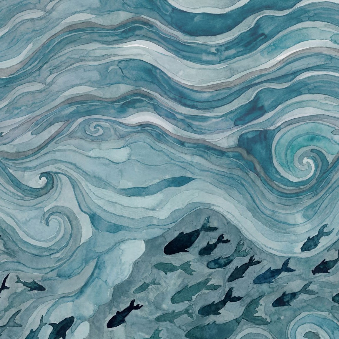 Abstract watercolor wallpaper with blue waves and fish pattern.