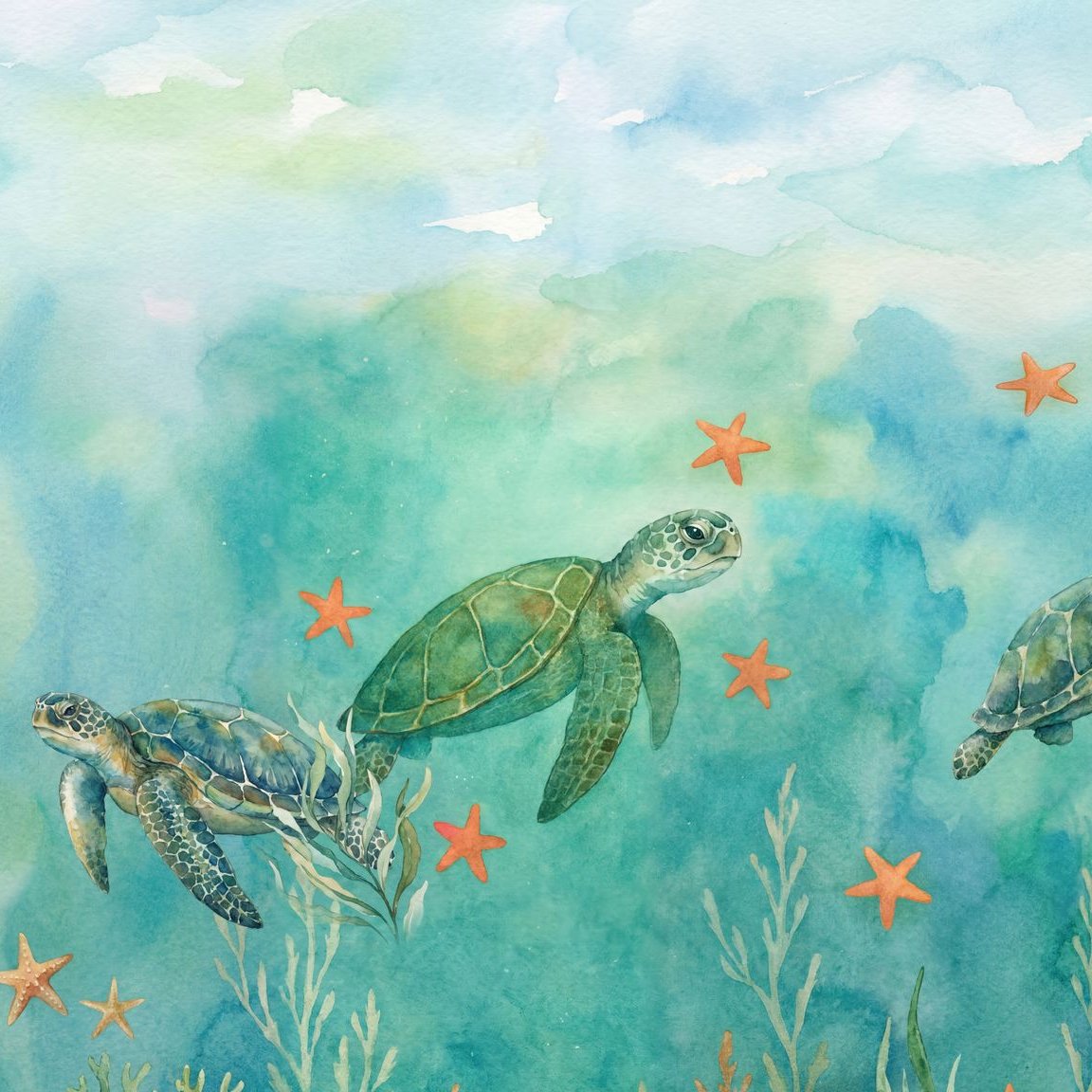Aquamarine watercolor wallpaper with sea turtles and starfish design.