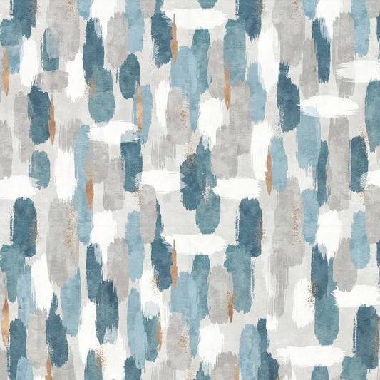 Artisan Azul abstract brushstroke wallpaper in blue, grey, and earth tones.