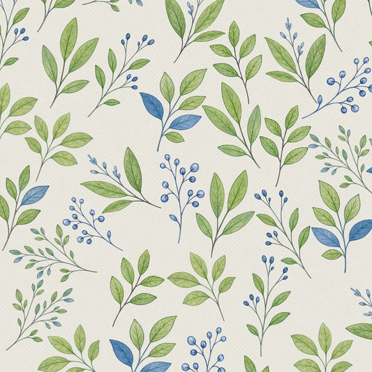 Aspen wallpaper with green and blue leafy motifs on cream background.