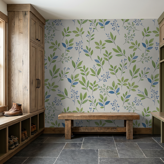 Aspen wallpaper with green and blue leafy pattern in rustic entryway.