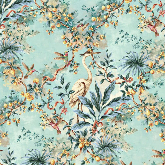 Aviary wallpaper with birds, citrus branches, and blossoms on aqua background.
