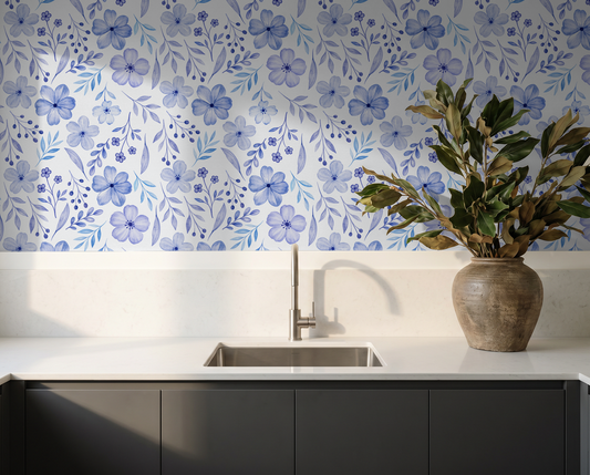 Azure Haven blue floral wallpaper in kitchen with vase and sink