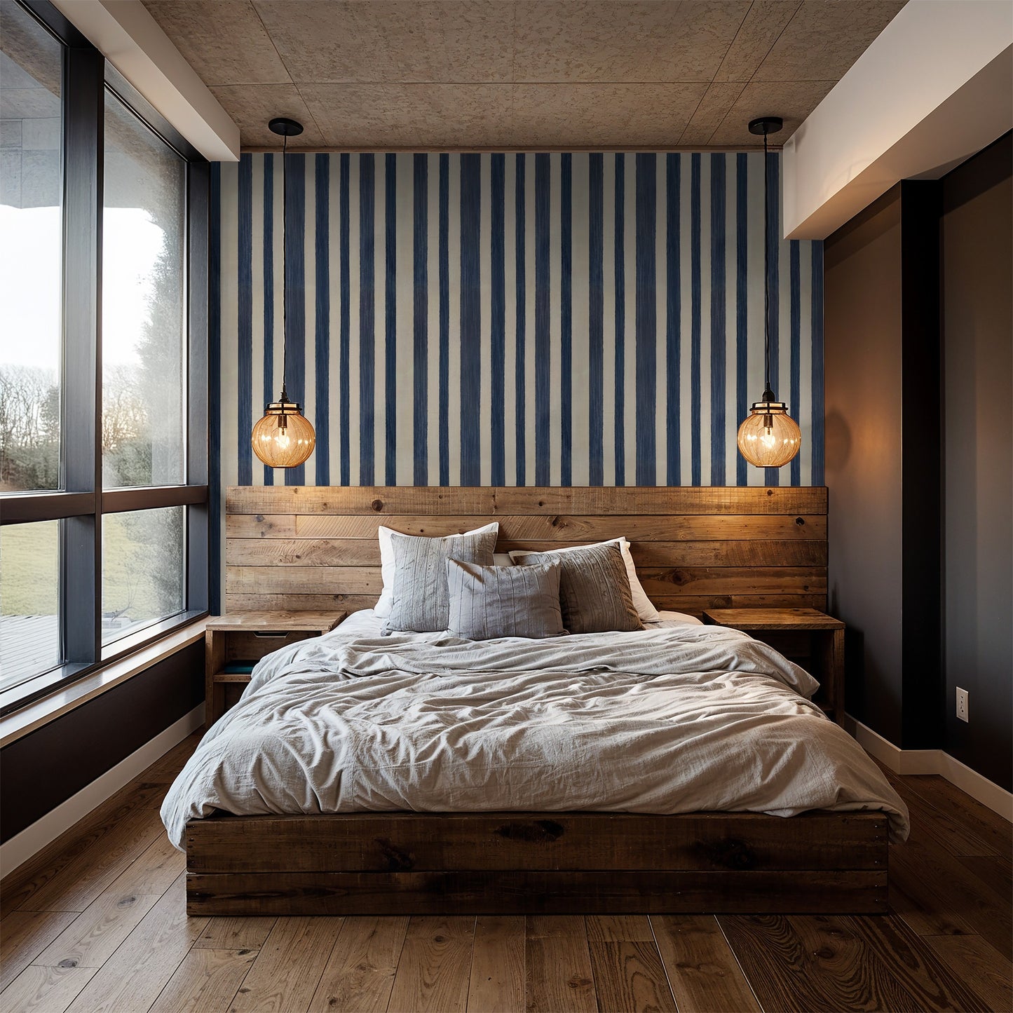 Bedroom with blue and beige striped wallpaper, wooden bed, and pendant lights.