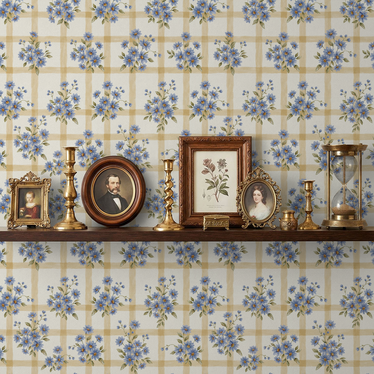 Blue floral and gold grid wallpaper with vintage decor on shelf.