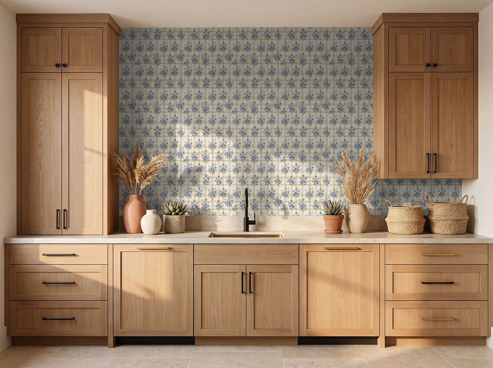 Kitchen with blue floral grid wallpaper and wooden cabinets.