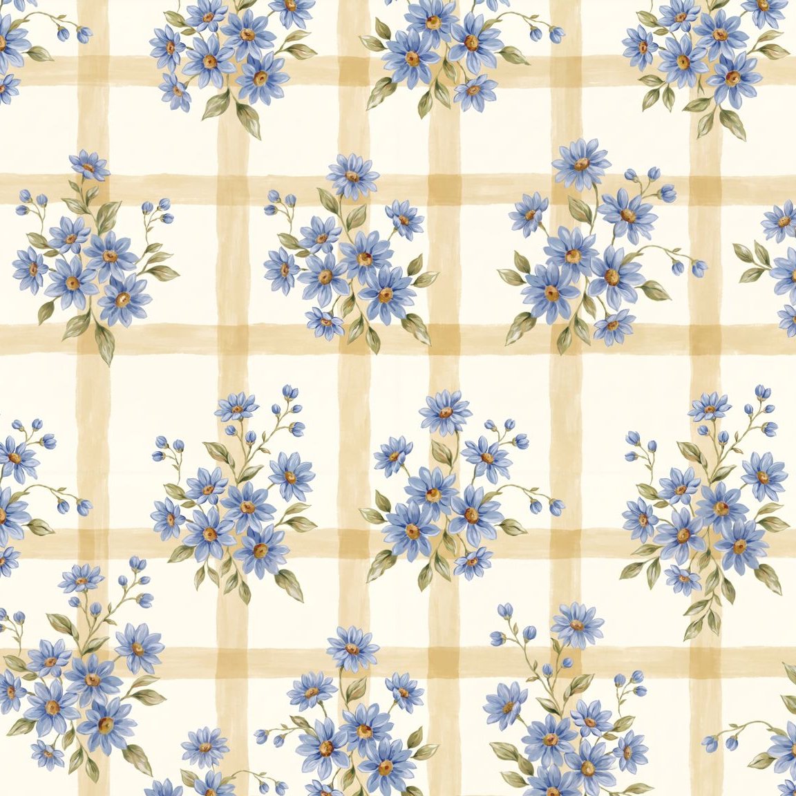 Floral wallpaper with blue blossoms and gold grid on ivory background.