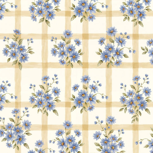 Floral wallpaper with blue blossoms and gold grid on ivory background.