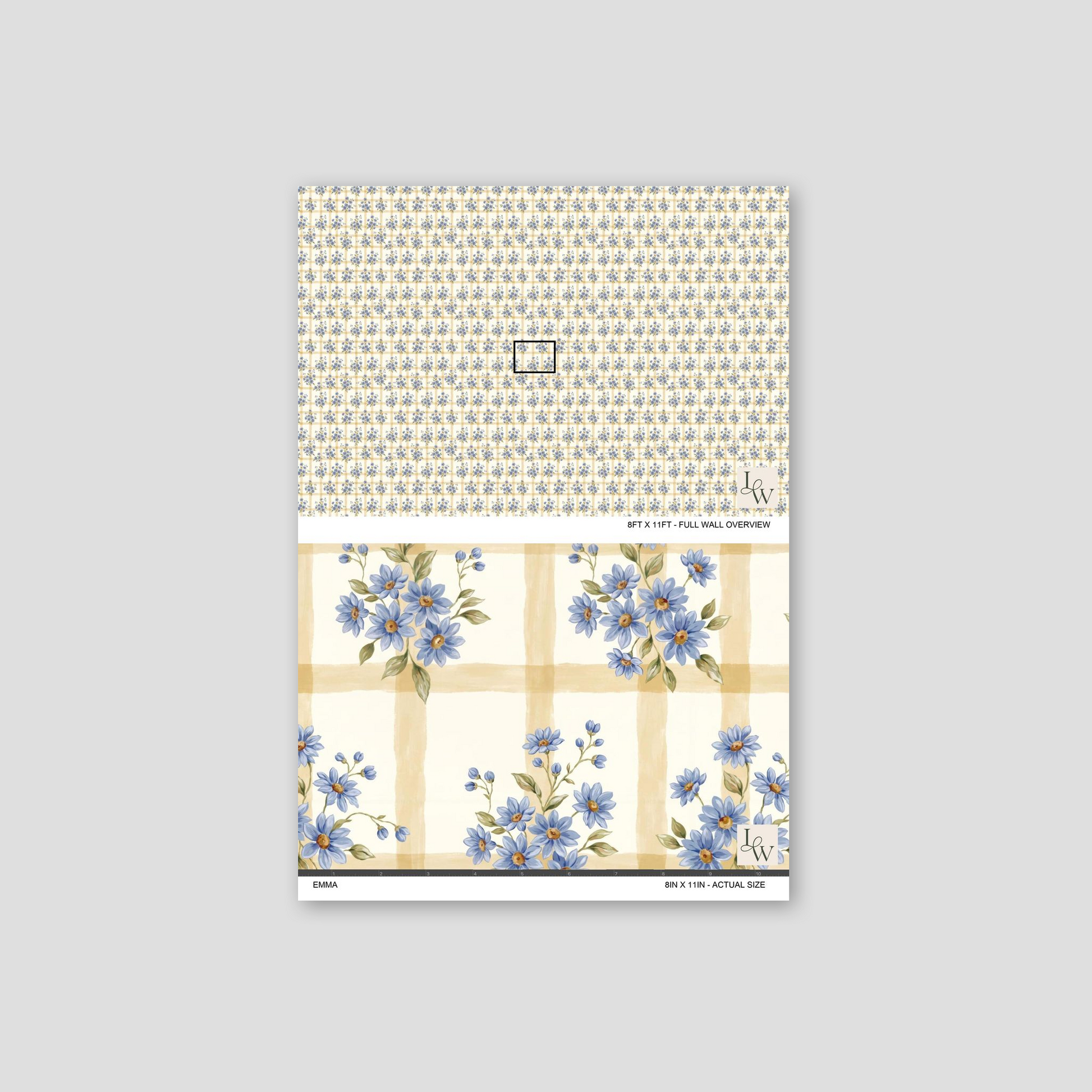 Floral wallpaper with blue blossoms and gold grid pattern sample.