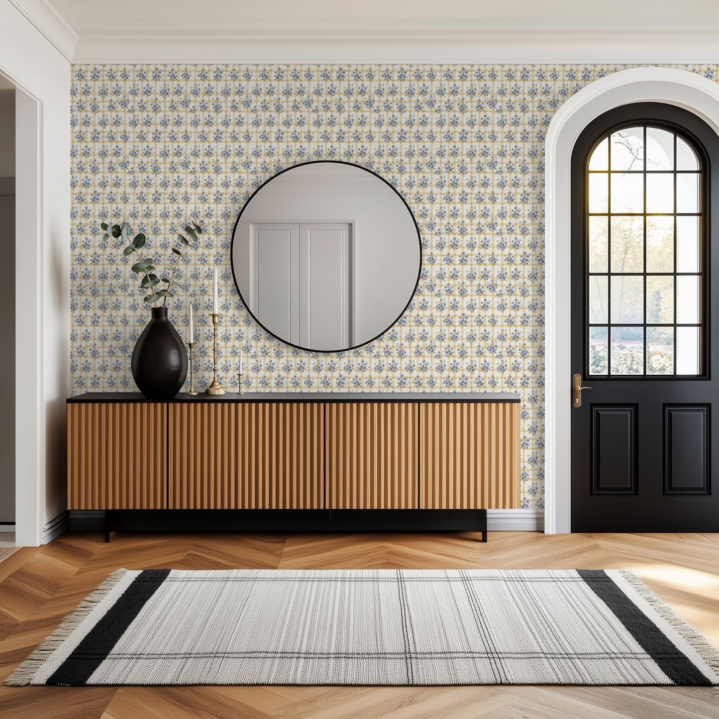 Blue floral wallpaper with ivory and gold grid in elegant entryway.