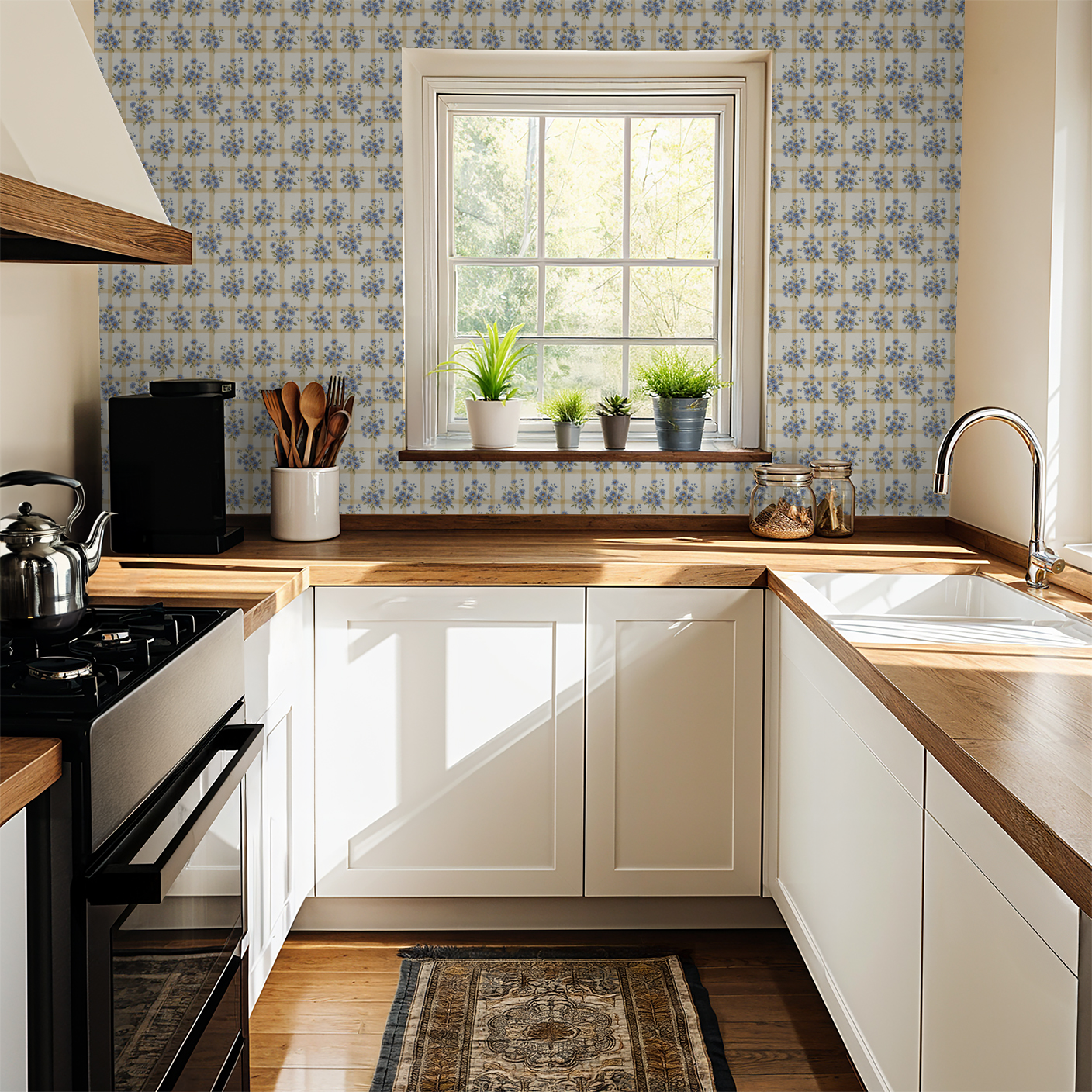 Kitchen with blue floral wallpaper and wooden countertops.