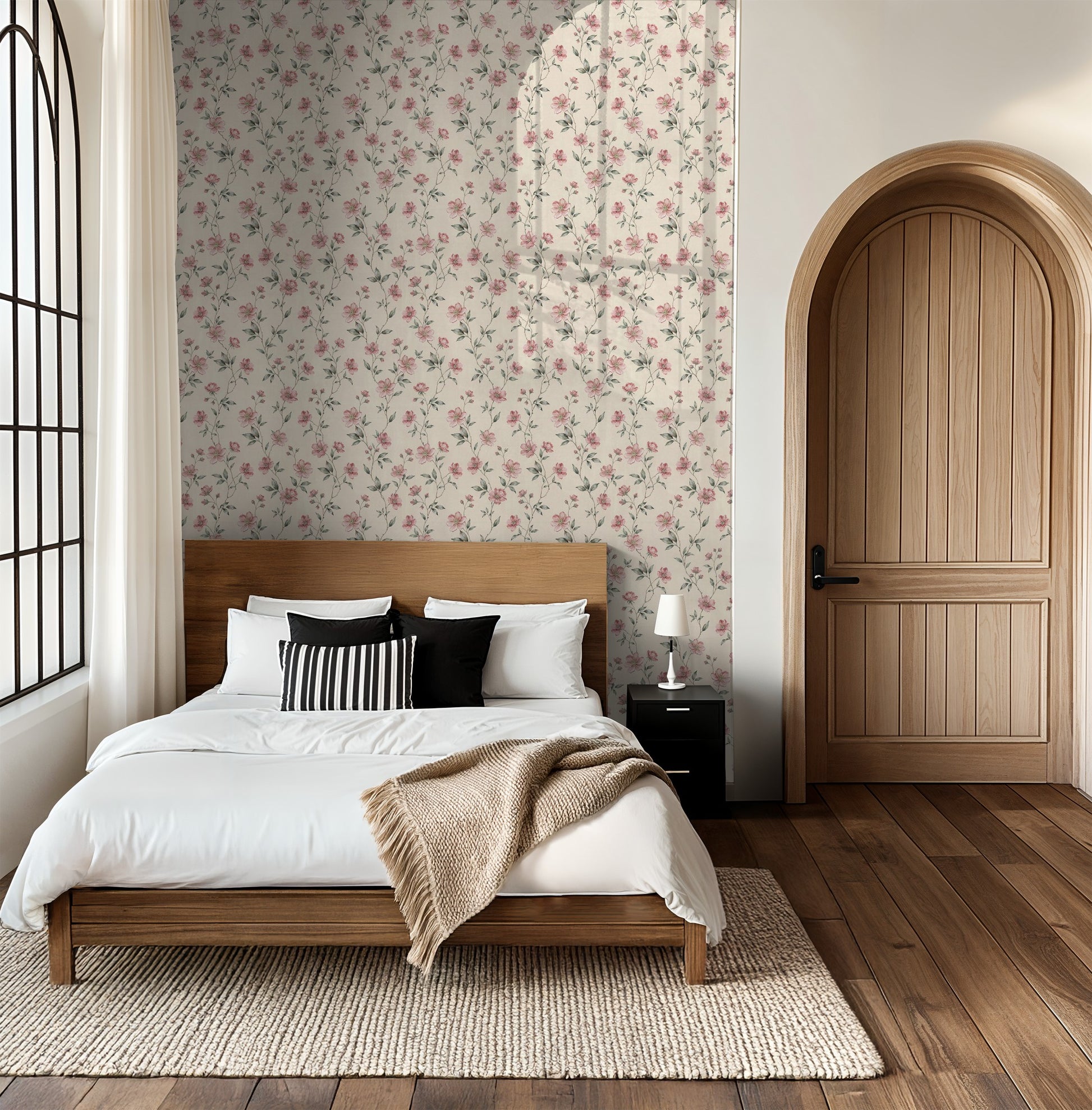 Bedroom with blush floral wallpaper on cream backdrop, wooden bed, and cozy decor.