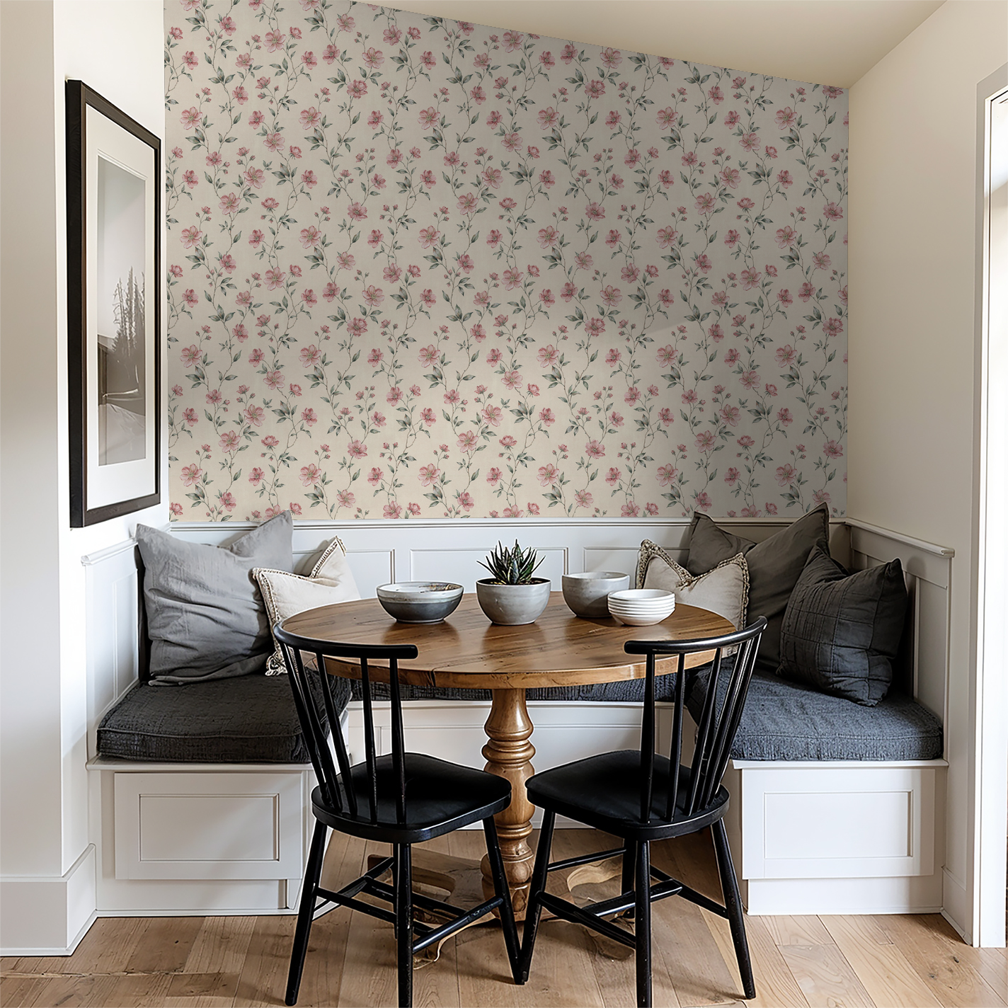 Blush floral wallpaper with cream backdrop in cozy dining nook.