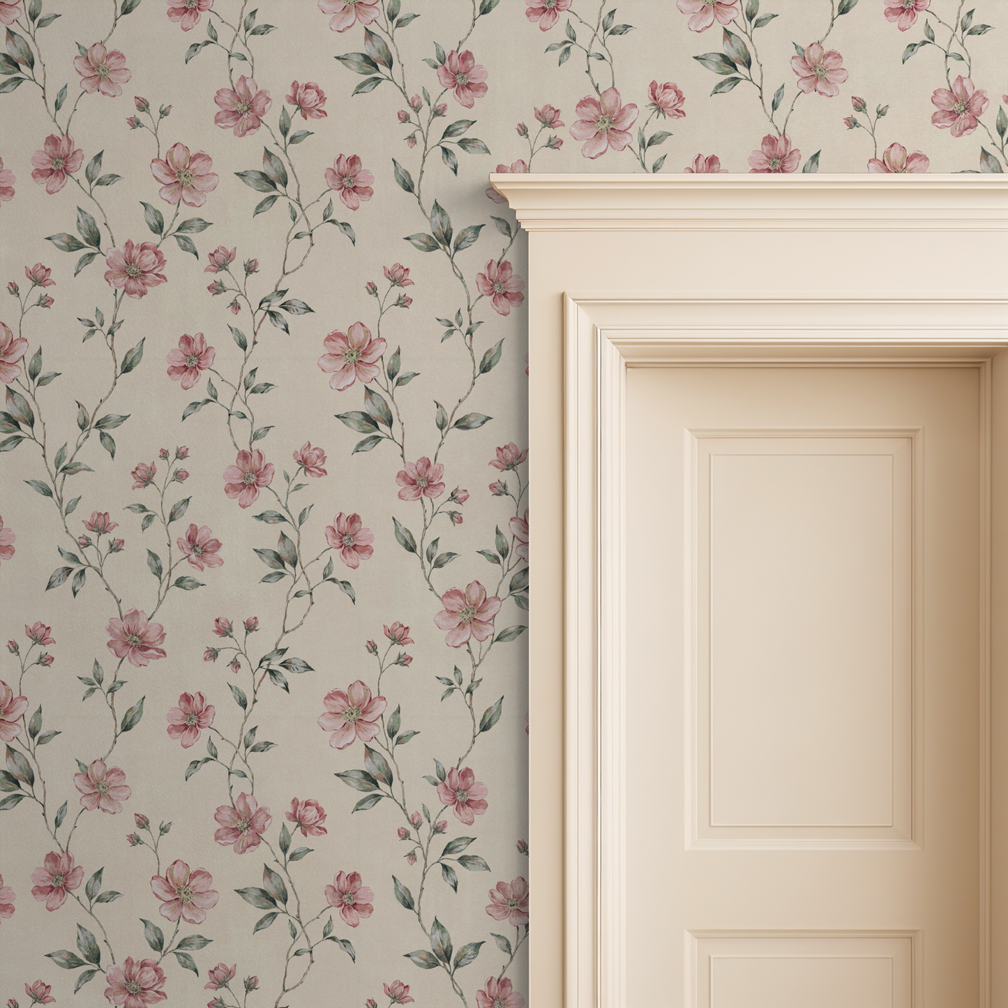 Blush floral wallpaper with cream backdrop beside a cream door frame.