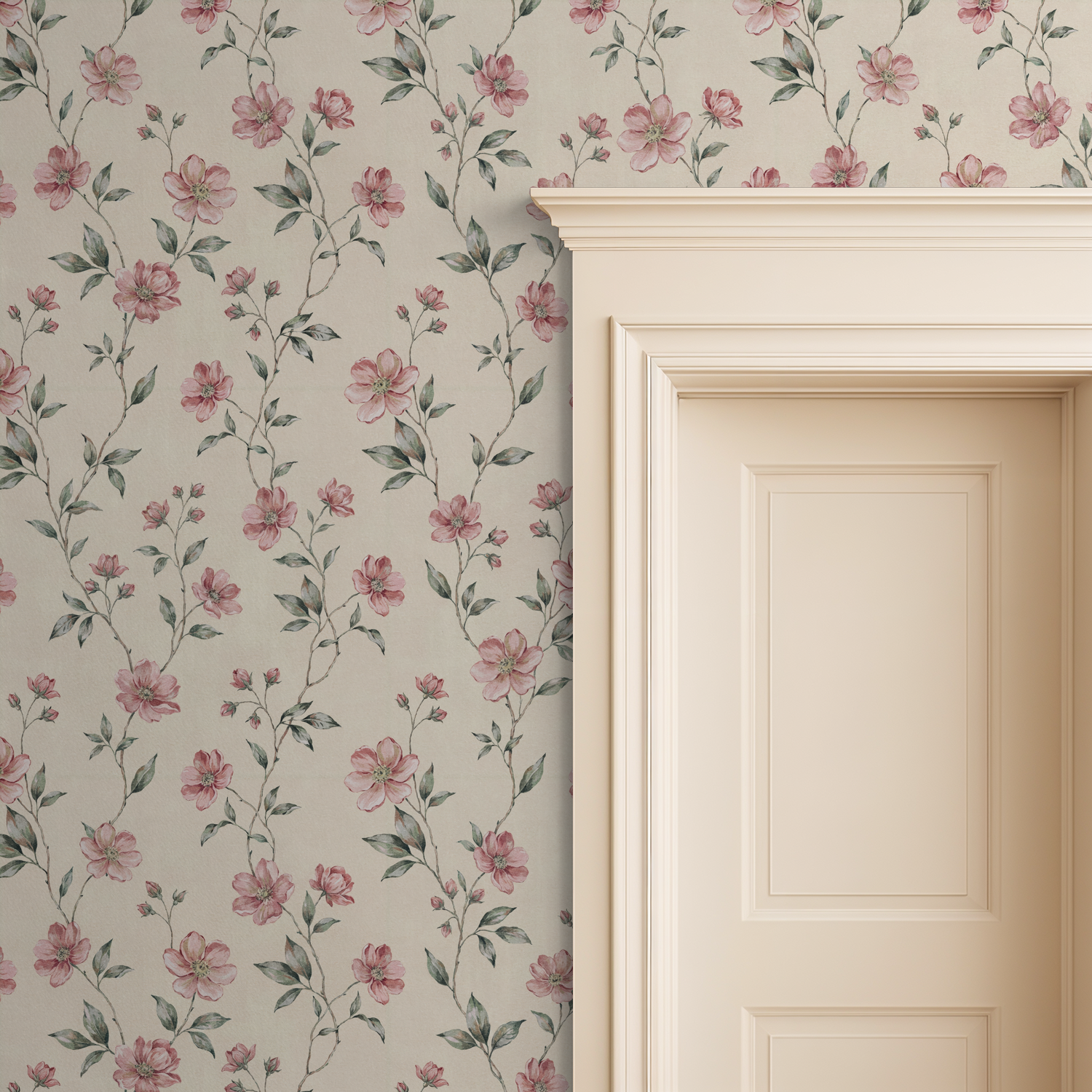 Blush floral wallpaper with cream backdrop beside a cream door frame.