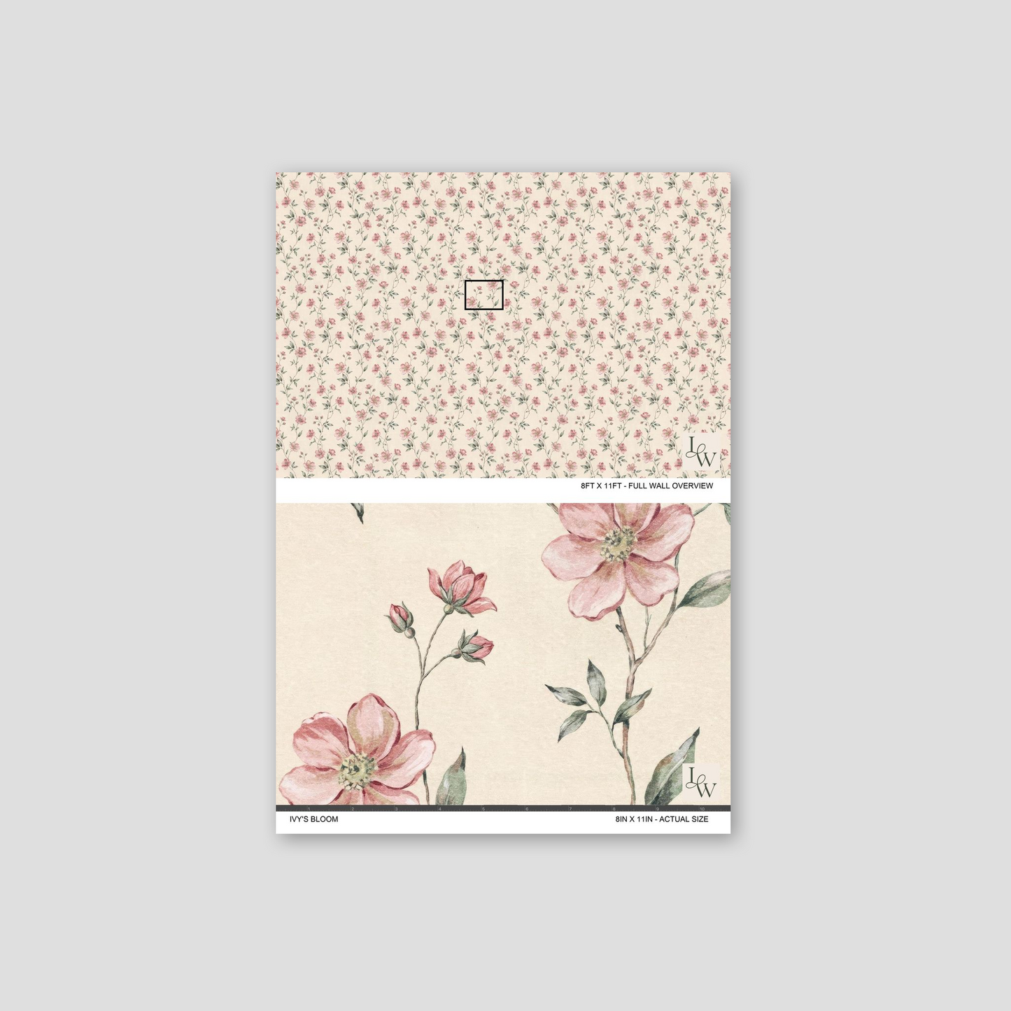 Blush floral wallpaper pattern on cream backdrop with pink flowers and green leaves.