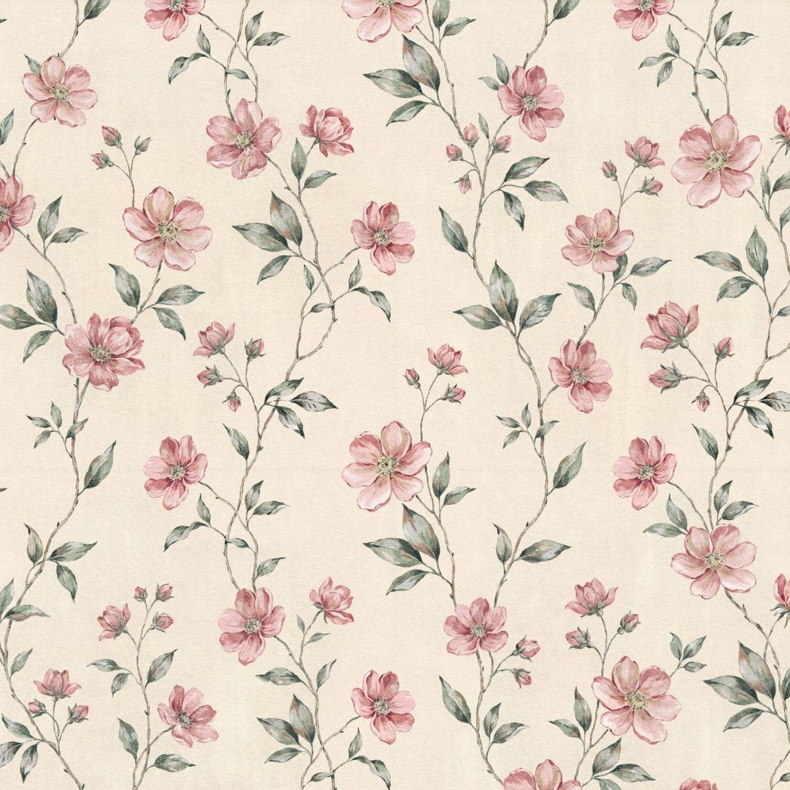 Blush floral wallpaper with pink flowers and green leaves on cream background.