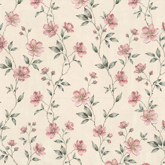 Blush floral wallpaper with pink flowers and green leaves on cream background.